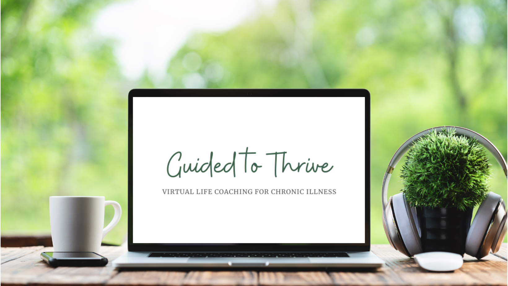 Guided to Thrive: Virtual Life Coaching for Adapting to Chronic Illness Logo | Image Description: An outline of a tree with leaves and lines indicating the ground on either side of the trunk with the words "Guided to Thrive" written in a script font above the words "Virtual Coaching for Chronic Illness" in a serif font.